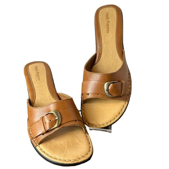 Hush Puppies Leather Heeled Buckle Sandal 57382 Saddle Size 10 - Picture 1 of 8